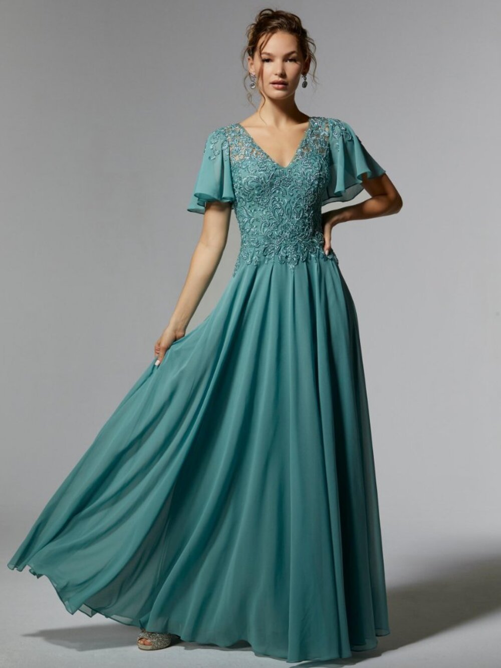 Jade Green Beaded Chiffon Mother of the Bride/Groom Gown with Sleeve MGNY 72908